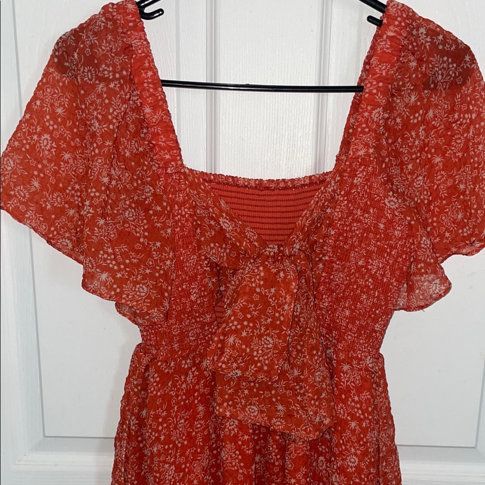 Madewell Coral Red Floral Smocked Mini Dress - Picture 5 of 8